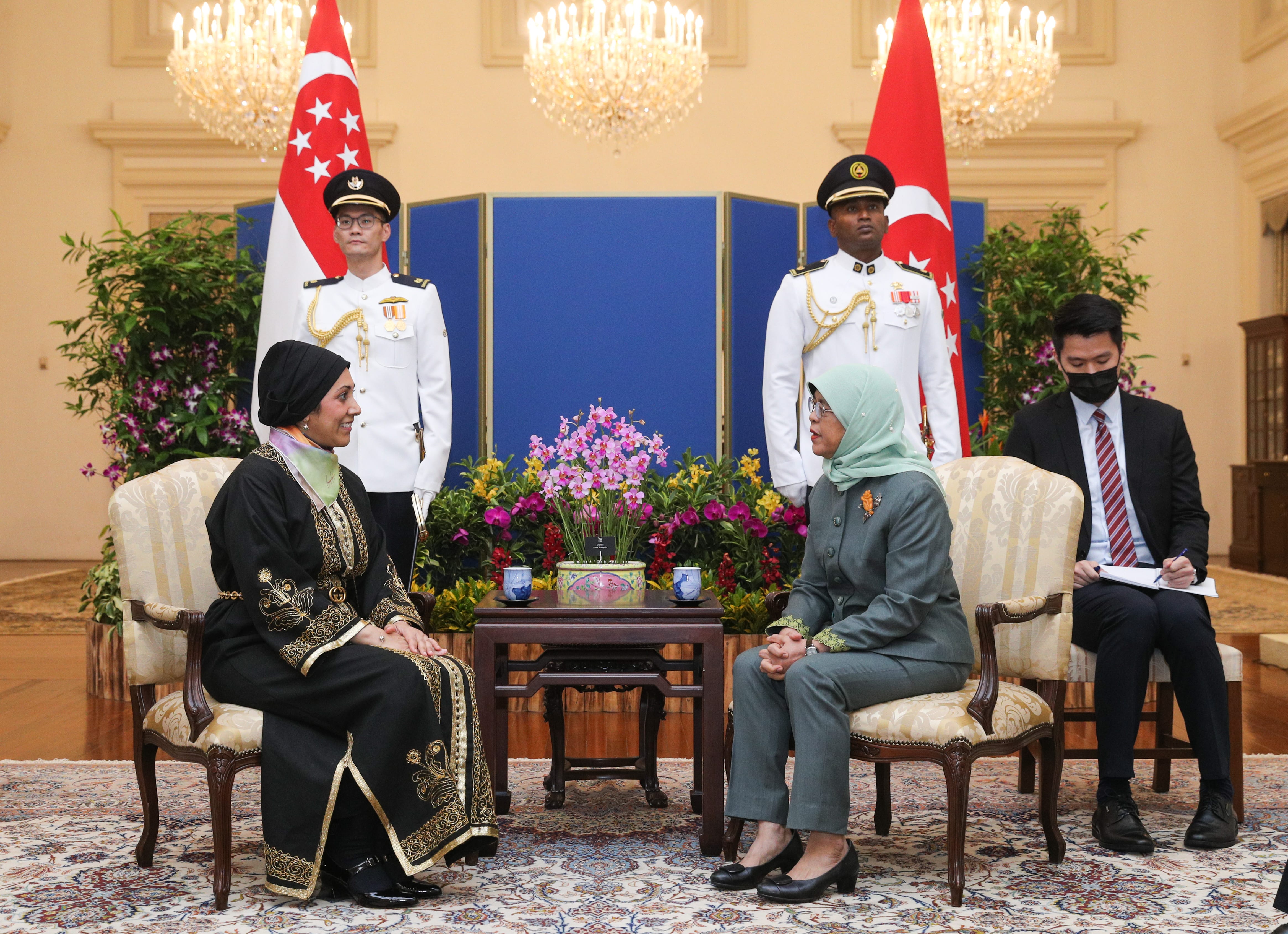 Halimah Yacob meets with Brunei's Raja Isteri, flags and officers behind them.